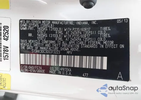 2013 Toyota Sienna Le V6 8 Passenger z USA, uszkodzony, nr VIN 5TDKK3DC3DS373223